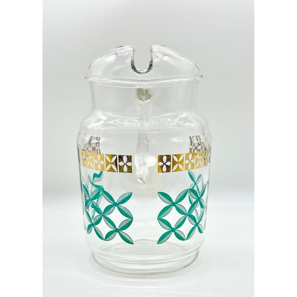 Vintage MCM Federal glass juice carafe jug pitcher gold trim teal green design - Picture 5 of 9